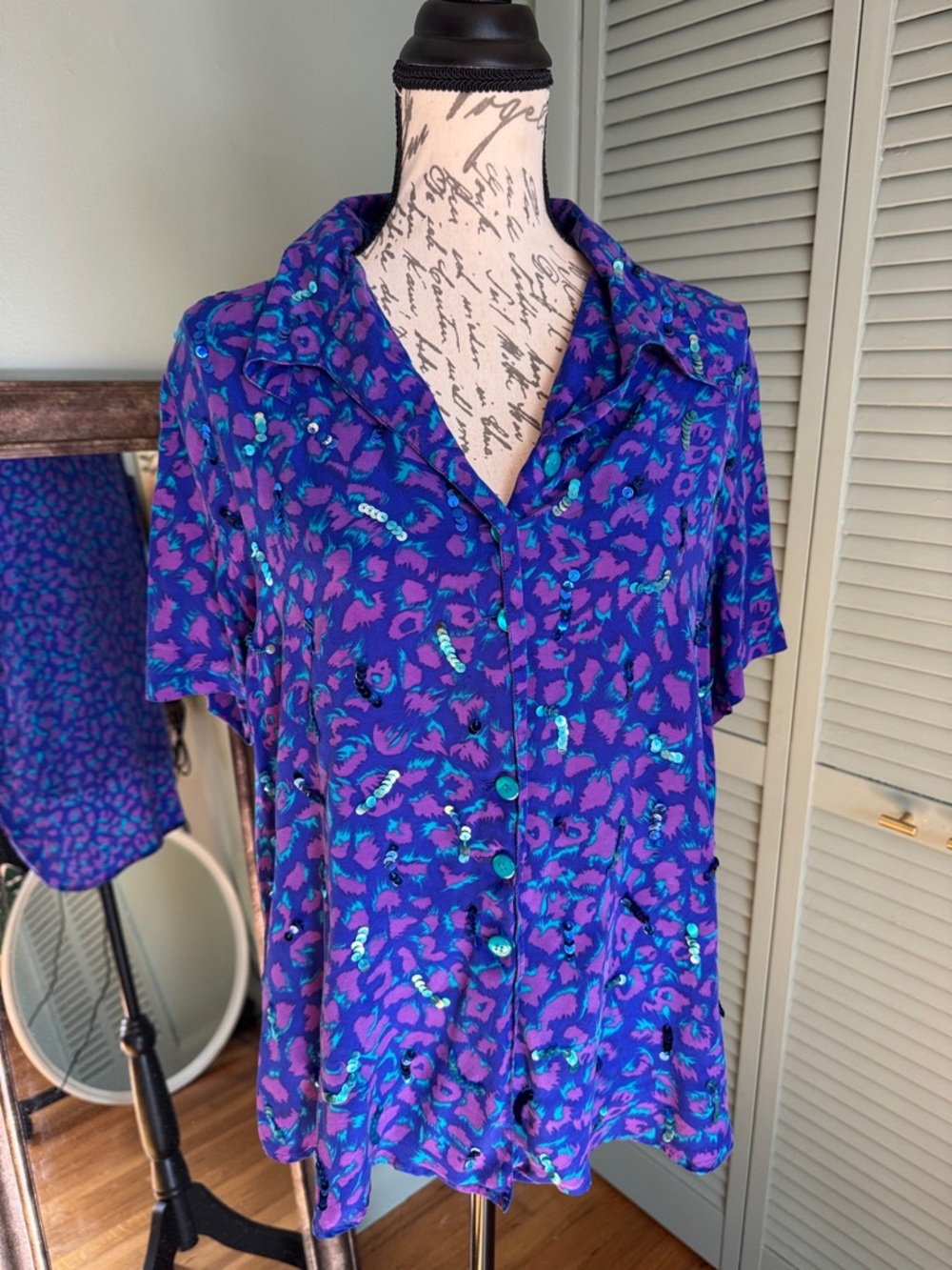 Diane Gilman Purple and Teal Short-Sleeve Button Shirt